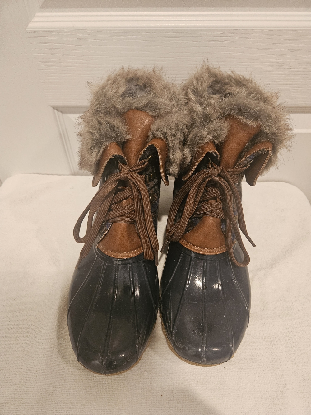 JustFab Brown and Black Faux-Fur Duck Boots